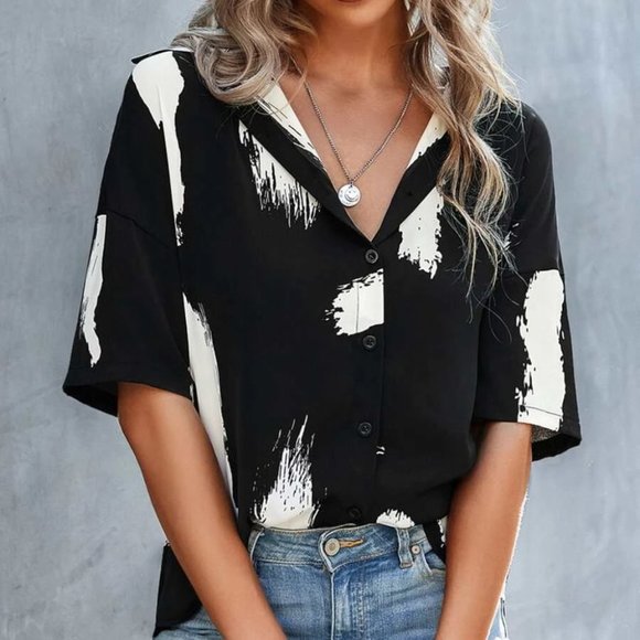 Black Brush Print Blouse - Picture 4 of 5